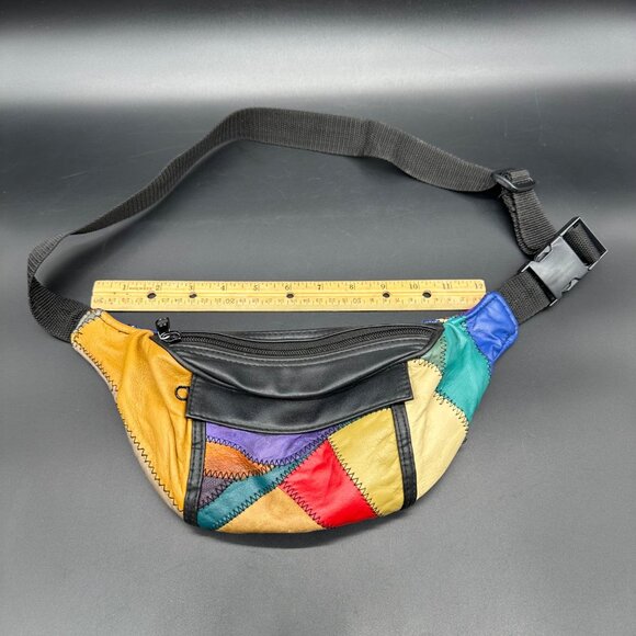 Vintage Leather Patchwork Fanny Pack Waist Bag Adjustable Strap Multi Color 90s - Picture 9 of 9